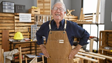 Selbstbewusster älterer Herr Tischler, der in seiner Tischlerei lächelt und stark steht und ein erfülltes Leben in der Holz- und Möbelbearbeitung führt.