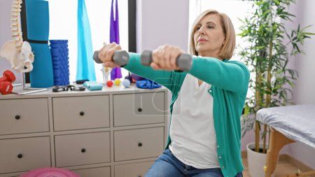 Photo for Mature caucasian woman exercising with dumbbells in a rehab clinic's interior space, portraying health and therapy. - Royalty Free Image