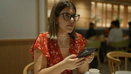 Beautiful hispanic woman using smartphone at cafe table, portrait of confident female in glasses, sitting indoors, relaxed yet focused