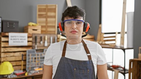 Photo for A young man wearing safety glasses and earmuffs stands confidently in a well-equipped carpentry workshop. - Royalty Free Image