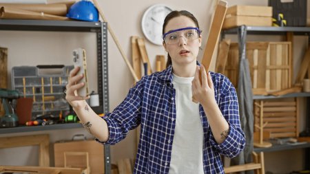 Photo for Young woman in safety glasses using smartphone for video call in a woodworking workshop - Royalty Free Image