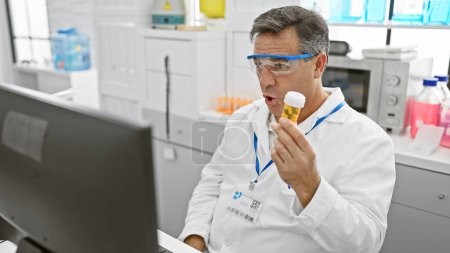 Foto de Hombre de mediana edad con bata de laboratorio que examina una muestra en un entorno de laboratorio médico mientras usa gafas de seguridad. - Imagen libre de derechos