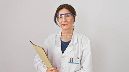 Téléchargez les photos : Femme latina confiante, portant des lunettes de sécurité et une blouse de laboratoire, tenant un dossier sur fond blanc. - en image libre de droit