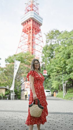 Vibrant hispanic woman, beaming with joy, poses in glasses at tokyo's famous urban spot, spreading an infectious smile and a carefree, confident aura