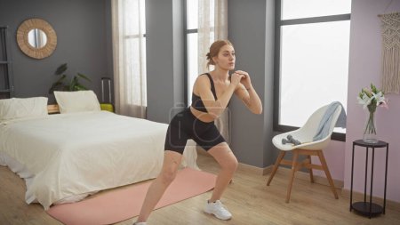 Foto de Una joven enfocada ejercitándose en un elegante dormitorio, estirándose en atuendo deportivo sobre una esterilla de yoga. - Imagen libre de derechos