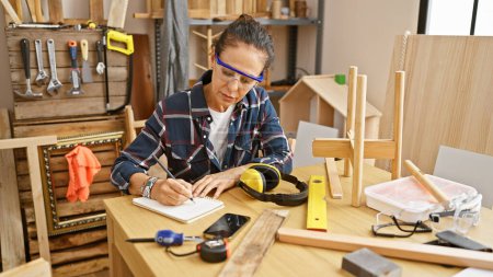 Photo for A mature hispanic woman meticulously takes notes in a well-equipped carpentry workshop, surrounded by tools and wooden furniture pieces. - Royalty Free Image