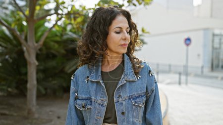 Photo for A thoughtful mature hispanic woman with curly hair wearing a denim jacket stands outdoors in an urban park. - Royalty Free Image