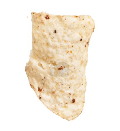 Close-up isolated tortilla chip on white background, depicting texture and snack concept.