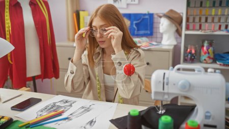 Foto de Una sastre enfocada con gafas en un estudio de diseño, rodeada de bocetos, tela y una máquina de coser. - Imagen libre de derechos