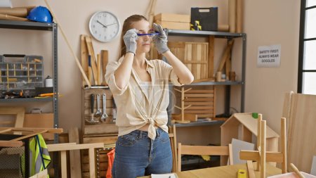 A young woman adjusts safety glasses in a well-equipped carpentry workshop with tools and timber shelves in the background
