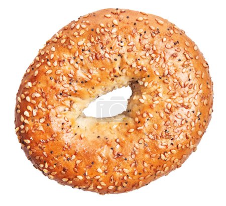 Photo for Close-up of a sesame seed bagel isolated on a white background, ideal for food and bakery themes. - Royalty Free Image