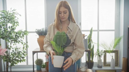 Foto de Una mujer joven en el interior encapsulando una planta, simbolizando el hogar, el estilo de vida y la naturaleza en una habitación luminosa. - Imagen libre de derechos