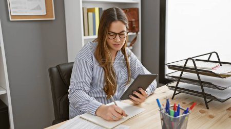 Eine fokussierte junge Frau mit Brille, im Büro, während sie Notizen macht, und verkörpert Professionalität und Effizienz.