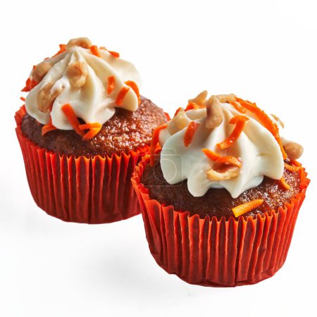 Téléchargez les photos : Deux cupcakes aux carottes givrées aux noix isolées sur fond blanc - en image libre de droit
