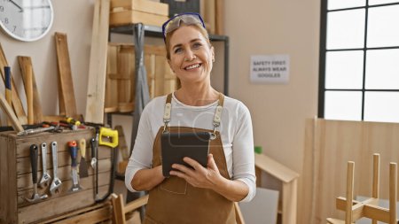 Photo for Smiling woman in workshop with tablet, wearing safety glasses and apron surrounded by woodwork tools. - Royalty Free Image