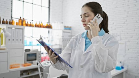 Photo for A focused young woman in a lab coat talks on a phone while holding a clipboard in a bright laboratory. - Royalty Free Image