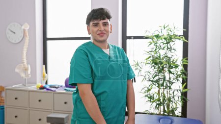 Photo for A young man in scrubs stands confidently indoors at a rehabilitation clinic, with medical equipment and plants in the background. - Royalty Free Image