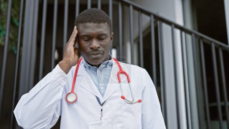 A stressed african male doctor in a white coat stands outside a hospital, looking tired.