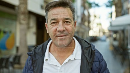 Photo for Portrait of a smiling middle-aged man wearing a jacket outside a city cafe on a sunny street. - Royalty Free Image