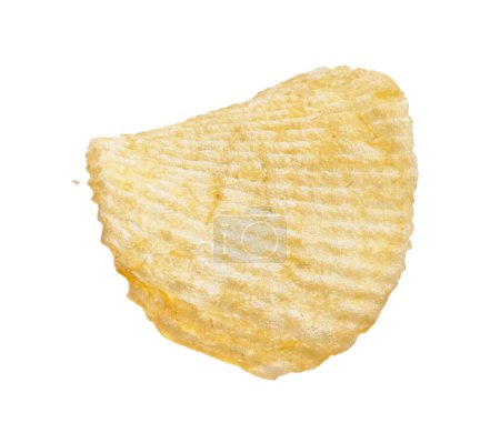 A single crisp isolated against a white background, captured with a focus on texture and snack appeal.