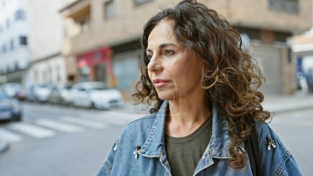 A thoughtful middle-aged hispanic woman with curly hair in a denim jacket stands outdoors on a city street.