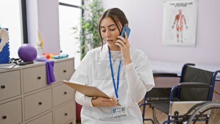Foto de Una joven profesional de la salud hispana habla por teléfono en una clínica, mostrando una manera profesional y atenta. - Imagen libre de derechos