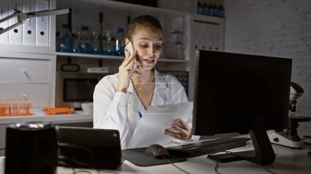 Foto de Una joven con bata de laboratorio habla por teléfono mientras analiza un documento en un entorno de laboratorio. - Imagen libre de derechos