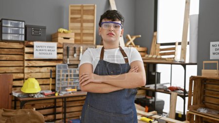 Téléchargez les photos : Un jeune homme confiant portant des lunettes de sécurité les bras croisés dans un atelier de menuiserie bien organisé. - en image libre de droit