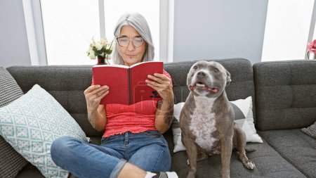 Téléchargez les photos : Femme intelligente d'âge moyen aux cheveux gris lisant confortablement la littérature avec son chien sur le canapé à la maison, profitant de son temps libre dans un style de vie détendu. - en image libre de droit