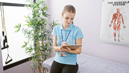 Téléchargez les photos : Une jeune femme travailleur de la santé écrit sur un presse-papiers dans une clinique avec une affiche anatomique sur le mur. - en image libre de droit