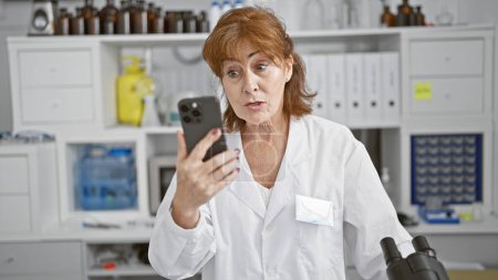 Surpris femme d'âge moyen scientifique utilisant un smartphone en laboratoire