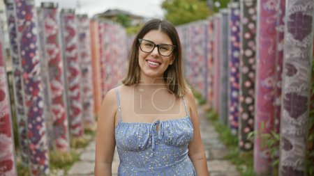 Photo for Cheerful hispanic woman in glasses poses with joy, smiling radiantly in kyoto's famous kimono forest, radiating pure happiness and casual confidence in a beautiful adult portrait. - Royalty Free Image