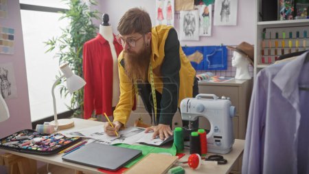 Téléchargez les photos : Homme rousse barbu avec des lunettes taillant dans un atelier vibrant plein d'équipements de couture et de tissus colorés. - en image libre de droit