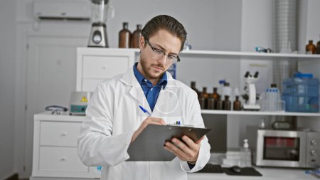 Photo for Young hispanic man scientist writing report standing at laboratory - Royalty Free Image