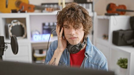 Photo for Handsome young hispanic man with headphones in a music studio, concentrating on his work. - Royalty Free Image