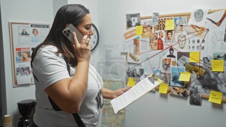 Detective hispana analiza evidencia en una oficina con una junta de investigación de crimen mientras habla por teléfono.