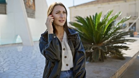Photo for A young woman in a blue jacket talking on a phone on a city street with palm trees. - Royalty Free Image