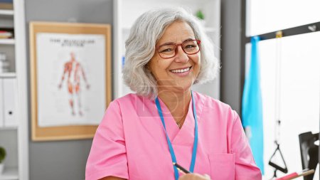 Lächelnde Ärztin mittleren Alters in rosa Peelings mit Brille, die in einer Klinik steht, im Hintergrund ein Anatomie-Poster.