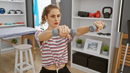 Téléchargez les photos : Une jeune femme concentrée fait de l'exercice avec des haltères dans une salle de gym moderne et bien équipée, faisant preuve de détermination et d'un mode de vie sain. - en image libre de droit