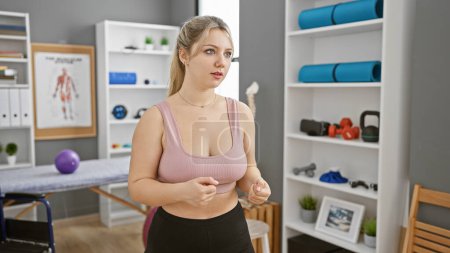 A young, blonde woman, dressed in activewear, stands thoughtfully in a modern rehab clinic room, filled with exercise equipment.
