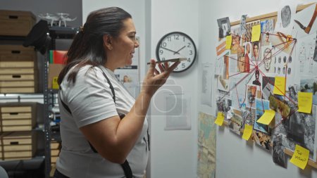 Hispanic woman examines evidence board in police station setting, capturing detective work atmosphere.