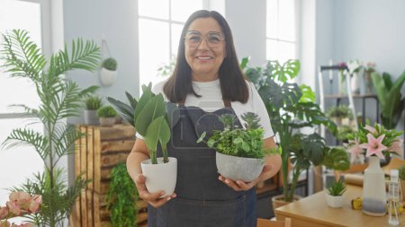 Smiling woman, florist, holding plants in a lush flower shop with greenery around