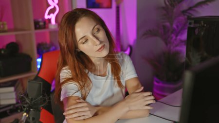 Redhead woman working late in a neon-lit gaming room, exuding creative professional lifestyle.