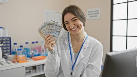 Téléchargez les photos : Une jeune femme souriante en blouse de laboratoire tient la monnaie péruvienne dans un cadre de laboratoire clinique. - en image libre de droit