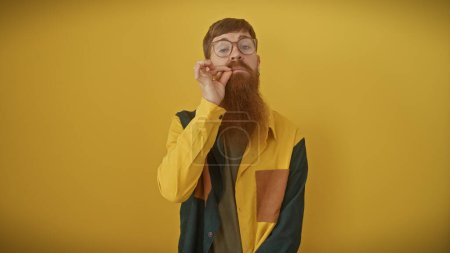 Photo for A stylish bearded young man with glasses poses thoughtfully against a solid yellow background. - Royalty Free Image