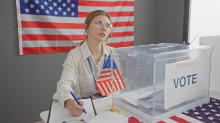 A young woman oversees a us electoral college voting center, with an american flag background.