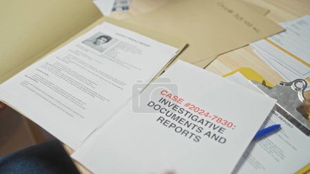 A focused investigation scene with a detailed case report, profile, and clipboard on an office desk, implying detective work.
