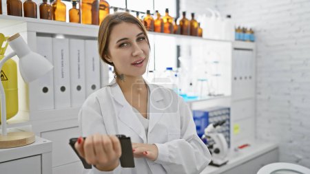 Eine brünette Frau im Laborkittel hält in einem gut ausgestatteten Labor ein Smartphone in der Hand und präsentiert moderne Technologie in medizinischer Umgebung.