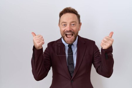 Photo for Middle age business man with beard wearing suit and tie success sign doing positive gesture with hand, thumbs up smiling and happy. cheerful expression and winner gesture. - Royalty Free Image