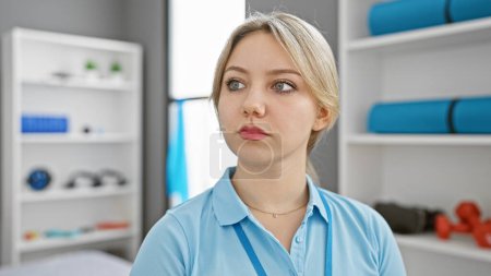 Photo for A thoughtful young woman in a blue uniform stands in a well-equipped rehab clinic room, embodying professionalism and care. - Royalty Free Image